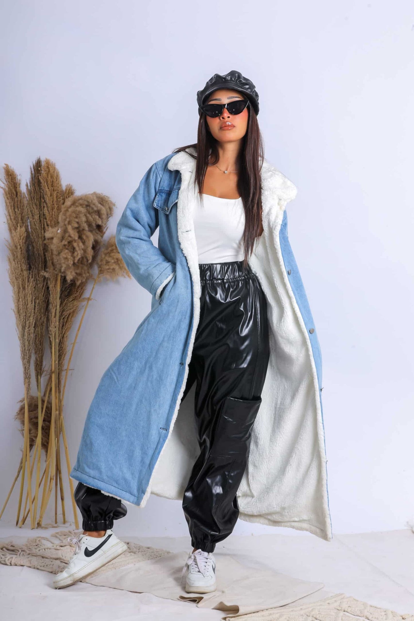 jeans fur coat