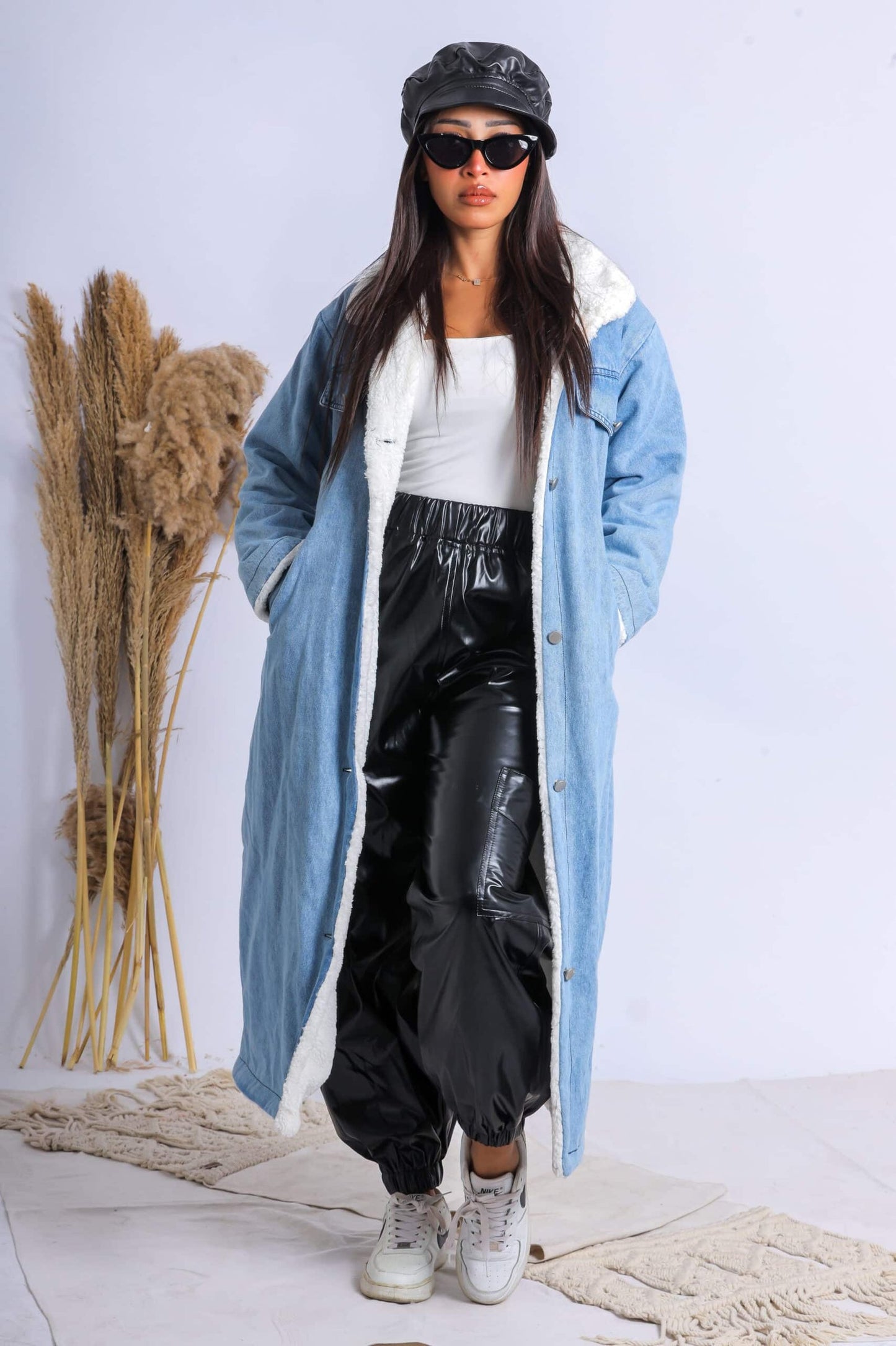 jeans fur coat